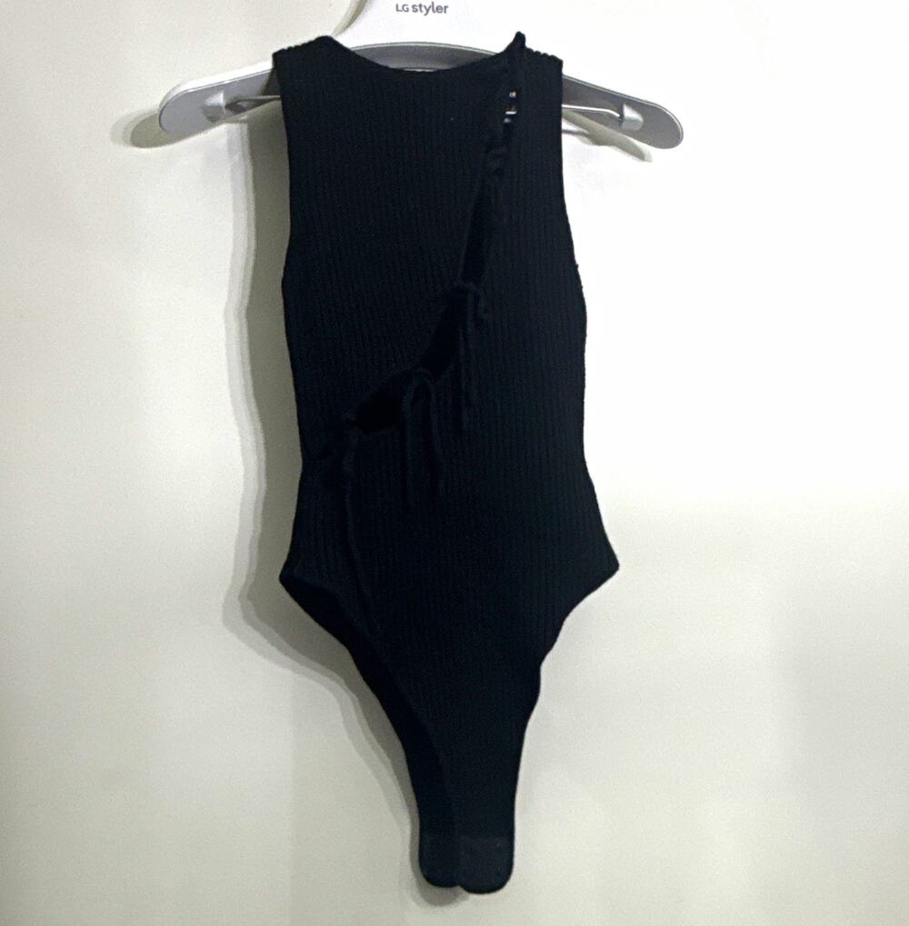 Maniere De Voir Black Lace-Up Sleeveless Stretch Bodysuit Women’s Size S Tie Fro
